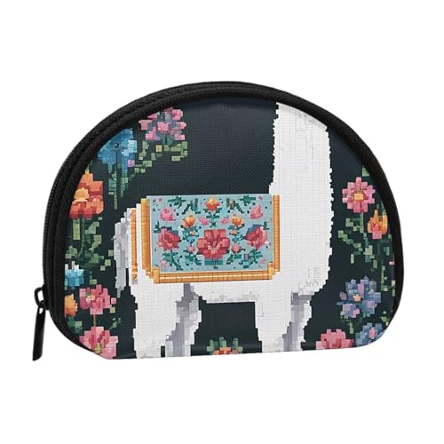 Blumen-Alpaka-Vollformat bedrucktes Polyester, tragbare Mini-Aufbewahrungstasche, Muschelform, kleine Münzgeldbörse, Muschel-Aufbewahrungstasche, Schwarz , Einheitsgröße von GBCDEDSL