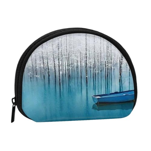 Boot in Seelenlandschaft Vollformat bedrucktes Polyester tragbare Mini-Aufbewahrungstasche Muschelförmige Geldbörse kleine Münzgeldbörse Muschel Aufbewahrungstasche, Schwarz , Einheitsgröße von GBCDEDSL