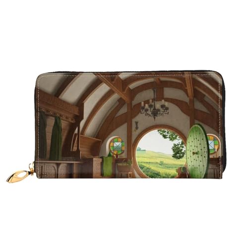GBCDEDSL Beautiful Village Doppelseitige vollständig bedruckte Mikrofaser-Leder Damen Leder lange Clutch Geldbörse Leder Geldbörse, Schwarz , Einheitsgröße von GBCDEDSL