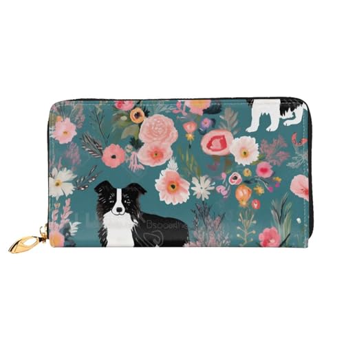 GBCDEDSL Border Collie Florals Doppelseitige voll bedruckte Mikrofaser-Leder Damen Leder lange Clutch Geldbörse Leder Geldbörse, Schwarz , Einheitsgröße von GBCDEDSL