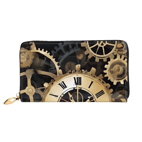 GBCDEDSL Gears Clock Bronze Century Double Sided Fully Printed Microfiber Leather Women's Leather Long Clutch Wallet Leather Wallet, Schwarz , Einheitsgröße von GBCDEDSL