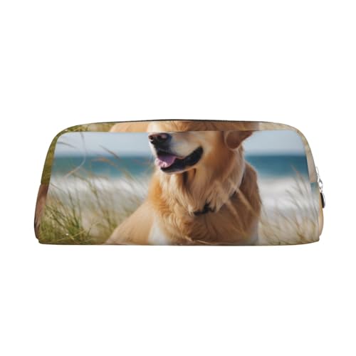 GBCDEDSL Golden Retriever am Strand, vollständig bedrucktes PVC-Kreuzmuster, Leder-Reißverschluss, dreidimensionales Federmäppchen, Schüler-Federmäppchen, Tasche, silber, Einheitsgröße, von GBCDEDSL