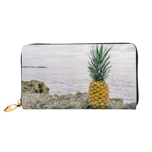 GBCDEDSL Green Pineapple in Seaside Doppelseitig Bedrucktes Mikrofaser-Leder Damen Leder Lange Clutch Geldbörse Leder Geldbörse, Schwarz , Einheitsgröße von GBCDEDSL