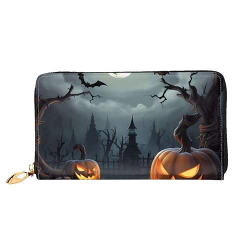 GBCDEDSL Halloween Moon Fledermaus Kürbis doppelseitig voll bedrucktes Mikrofaser-Leder Damen Leder lange Clutch Geldbörse Leder Geldbörse, Schwarz , Einheitsgröße von GBCDEDSL