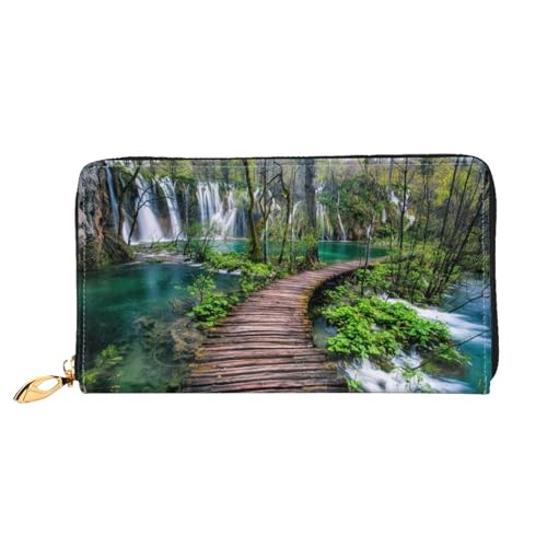 GBCDEDSL Holzbrücke doppelseitig voll bedrucktes Mikrofaser-Leder Damen Leder lange Clutch Geldbörse Leder Geldbörse, Schwarz , Einheitsgröße von GBCDEDSL