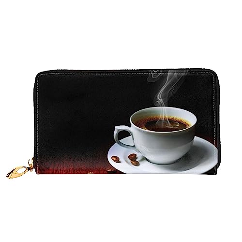 GBCDEDSL Hot Coffee with Coffee Bean Double Sided Fully Printed Microfiber Leather Women's Leather Long Clutch Wallet Leather Wallet, Schwarz , Einheitsgröße von GBCDEDSL