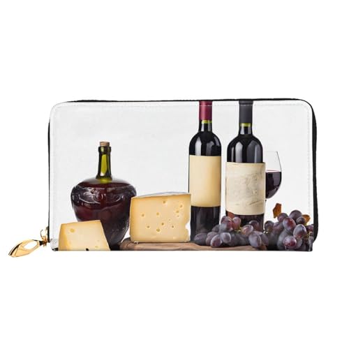 GBCDEDSL Rotwein-Galsses & Trauben mit hölzernem doppelseitigem vollständig bedrucktem Mikrofaser-Leder, lange Clutch-Geldbörse, Ledergeldbörse, Schwarz , Einheitsgröße von GBCDEDSL