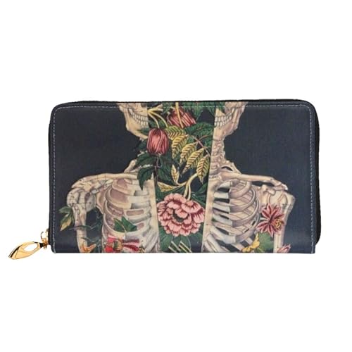 GBCDEDSL Skelett-Totenkopf mit Blume, doppelseitig bedruckt, Mikrofaser-Leder, lange Clutch-Geldbörse, Ledergeldbörse, Schwarz , Einheitsgröße von GBCDEDSL