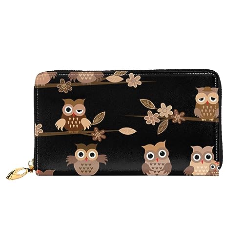 GBCDEDSL Süße braune Cartoon-Eulen doppelseitig voll bedrucktes Mikrofaser-Leder Damen Leder lange Clutch Geldbörse Leder Geldbörse, Schwarz , Einheitsgröße von GBCDEDSL