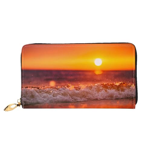 GBCDEDSL Sunset with Sea Waves Double Sided Fully Printed Microfiber Leather Women's Leather Long Clutch Wallet Leather Wallet, Schwarz , Einheitsgröße von GBCDEDSL