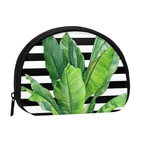 Grünes Palmblatt-Vollformat bedrucktes Polyester, tragbare Mini-Aufbewahrungstasche, Muschelform, kleine Münzgeldbörse, Muschel-Aufbewahrungstasche, Schwarz , Einheitsgröße von GBCDEDSL