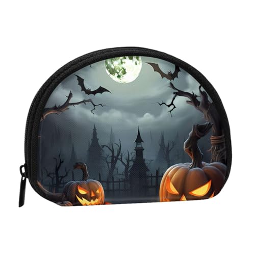 Halloween Mond Fledermaus Kürbis Vollformat bedrucktes Polyester tragbare Mini-Aufbewahrungstasche Muschelförmige Brieftasche Kleine Münzgeldbörse Muschel Aufbewahrungstasche, Schwarz , Einheitsgröße von GBCDEDSL