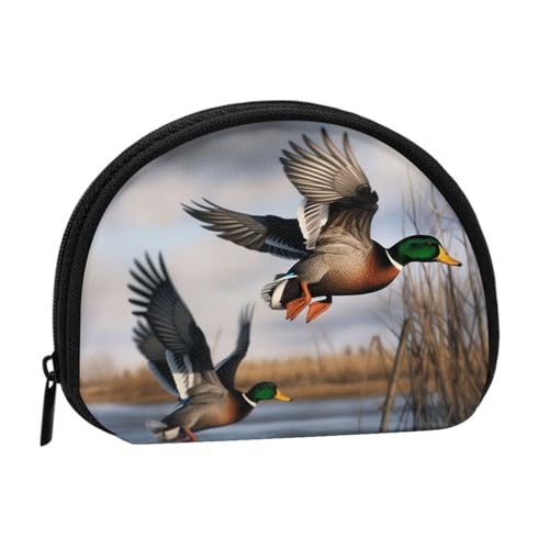 Jagd fliegende wilde Enten Vollformat gedruckt Polyester tragbare Mini-Aufbewahrungstasche Muschelförmige Geldbörse kleine Münzgeldbörse Muschel Aufbewahrungstasche, Schwarz , Einheitsgröße von GBCDEDSL