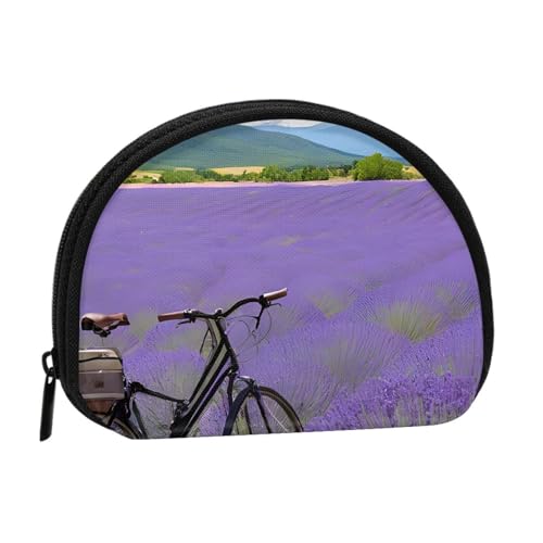 Lavender Field Retro Bike Landwirtschaft Vollformat Bedrucktes Polyester Tragbare Mini-Aufbewahrungstasche Muschelförmige Geldbörse Kleine Münzgeldbörse Muschel Aufbewahrungstasche, Schwarz , von GBCDEDSL