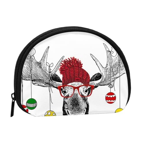 Lustiges Weihnachts-Hirsch-Vollformat bedrucktes Polyester, tragbare Mini-Aufbewahrungstasche, Muschelform, kleine Münzgeldbörse, Muschel-Aufbewahrungstasche, Schwarz , Einheitsgröße von GBCDEDSL