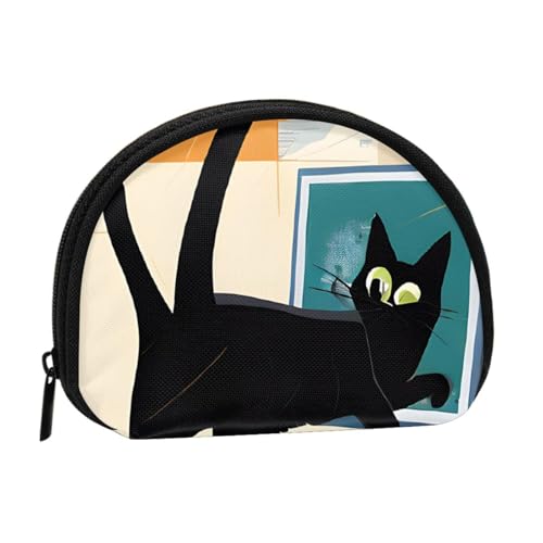 Mid-Century Moderne Kunst Katze Vollformat Bedrucktes Polyester Tragbare Mini-Aufbewahrungstasche Muschelförmige Geldbörse Kleine Münzgeldbörse Muschel Aufbewahrungstasche, Schwarz , Einheitsgröße von GBCDEDSL