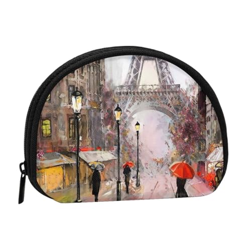 Rainy Street in Paris Vollformat bedrucktes Polyester, tragbare Mini-Aufbewahrungstasche, Muschelform, kleine Münzgeldbörse, Muschel-Aufbewahrungstasche, Schwarz , Einheitsgröße von GBCDEDSL