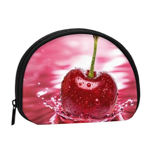 Rote Kirschen Vollformat Bedrucktes Polyester Tragbare Mini-Aufbewahrungstasche Muschelförmige Geldbörse Kleine Münzgeldbörse Muschel Aufbewahrungstasche, Schwarz , Einheitsgröße von GBCDEDSL