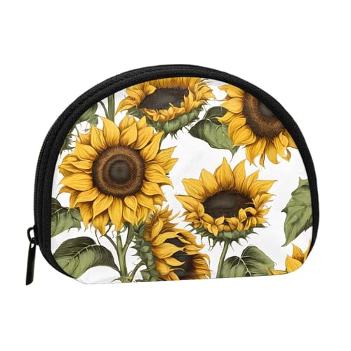 Schöne gelbe Sonnenblumen-Vollformat bedrucktes Polyester, tragbare Mini-Aufbewahrungstasche, Muschelform, kleine Münzgeldbörse, Muschel-Aufbewahrungstasche, Schwarz , Einheitsgröße von GBCDEDSL