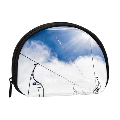 Skilift bei Sonnenschein Vollformat bedrucktes Polyester tragbare Mini-Aufbewahrungstasche in Muschelform Kleine Münzgeldbörse Muschel Aufbewahrungstasche, Schwarz , Einheitsgröße von GBCDEDSL