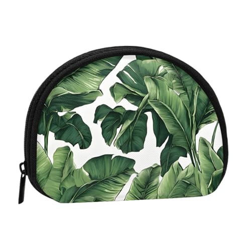 Tropische Bananen-Palmblatt-Vollformat bedrucktes Polyester, tragbare Mini-Aufbewahrungstasche, Muschelform, kleine Münzgeldbörse, Muschel-Aufbewahrungstasche, Schwarz , Einheitsgröße von GBCDEDSL