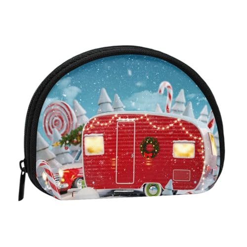 Weihnachtliches rotes Camper Vollformat bedrucktes Polyester, tragbare Mini-Aufbewahrungstasche, Muschelform, kleine Münzgeldbörse, Muschel-Aufbewahrungstasche, Schwarz , Einheitsgröße von GBCDEDSL