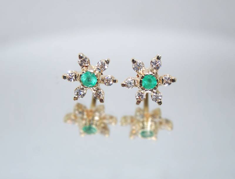 14K Gold Ohrstecker - Smaragd Diamant Und Diamanten Geburtsstein Ohrringe von GBJewelryStore