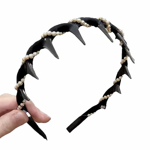 Vintage High Cranium Kunstperle Haarband für Frauen Mädchen Hoher Schädel Breit Haarband mit Zähnen Elegant Strass Bling Haarreifen für Hochzeit Party Schwarz Braun Rot (Schwarz) von GBKBVTATDK