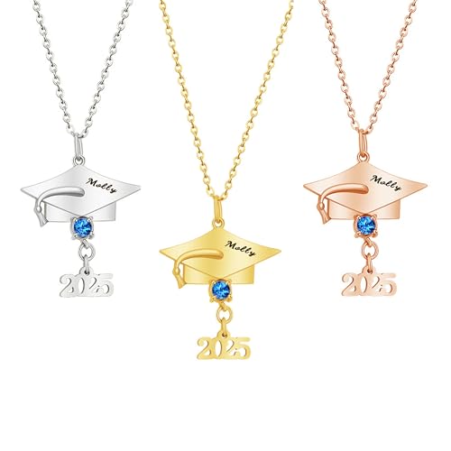 2025 Graduierung Geschenke für sie - personalisierte Graduierung Bachelor Cap Anhänger Halskette mit Geburtsstein, benutzerdefinierte Namen Klasse von 2025 Halskette Geschenke für Freunde Lehrer von GBTROEY