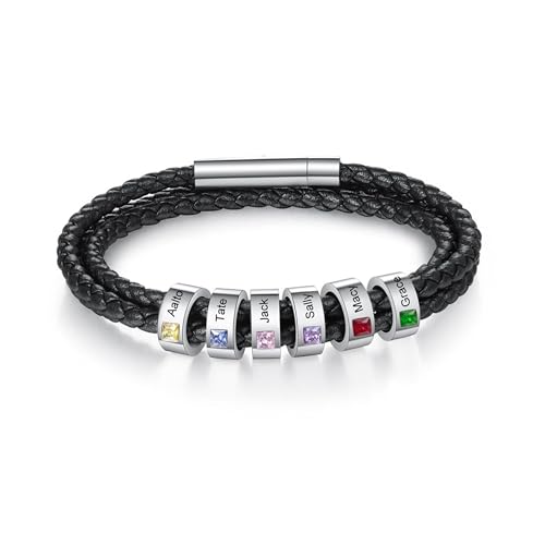 GBTROEY Personalisierte Herren Ledergeflecht Armband eingraviert 1-6 Namen Perlen mit Geburtssteinen Schmuck Geschenke für Männer Vatertag GBTROEY Personalisierte Herren Ledergeflecht Armband eingraviert 1-6 Namen Perlen mit Geburtssteinen Schmuck Geschenke für Männer Vatertag von GBTROEY
