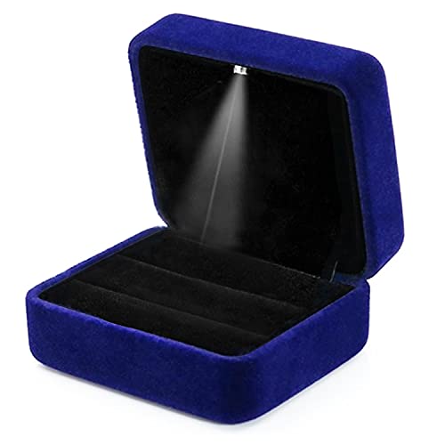 GBYAN Ringschatulle aus Samt mit LED-Licht für Schmuck, Präsentationsbox für Heiratsantrag, Verlobung, Hochzeit (Blau, 2 Ringhalter) von GBYAN