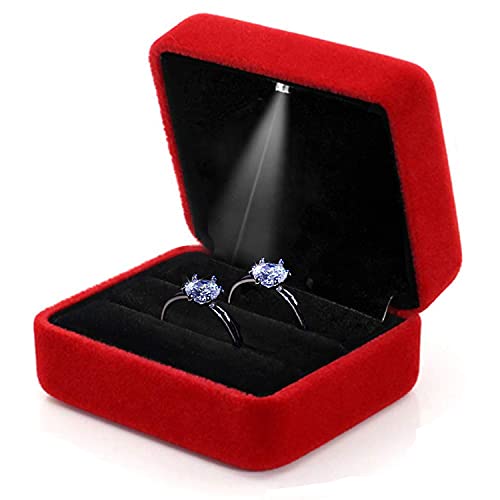 GBYAN Ringschatulle aus Samt mit LED-Licht für Schmuck, Präsentationsbox für Heiratsantrag, Verlobung, Hochzeit (rot, 2 Ringhalter) von GBYAN