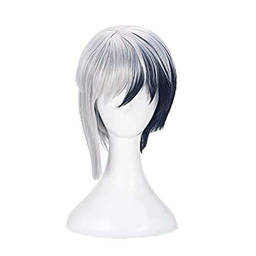 Dr.Stone Asagiri Gen Cosplay Wig Mixed Black Silver White Heat Resistant Synthetic Hair Wig + Wig Cap von GBYUFG