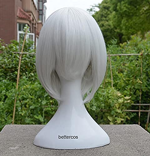 NieR:Automata 2B YoRHa No. 2 Type B Cosplay Wigs Short White Bobo Heat Resistant Synthetic Hair Wig + Wig Cap von GBYUFG
