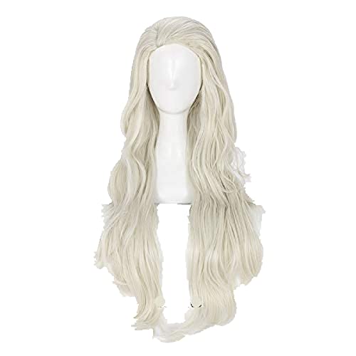 Princess Elsa Cosplay Wigs Long Light Golden Curly Heat Resistant Synthetic Hair Wig + Wig Cap von GBYUFG