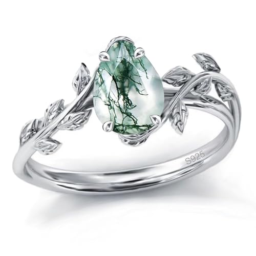 GBYUHAIJUN Ringe Set,Ringe Silber Natürlicher Moosachat-Ring for Frauen, Sterlingsilber, Birnengrüner Moosachat-Verlobungsring, Schmuck for Frauen(7) von GBYUHAIJUN