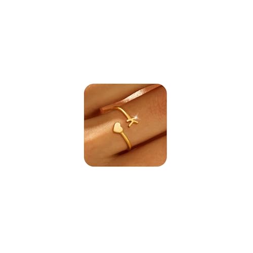 Ringe Set,Ringe Silber Gold-Anfangsringe for Frauen, nicht anlaufend, 18 Karat vergoldet, stapelbare Herz-Anfangsringe, verstellbare kleine Fingerringe for Frauen, niedliche, zierliche Alphabet-Großbu von GBYUHAIJUN