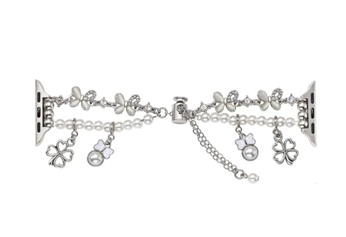 GBZHMCASE Damen-Uhrenarmband mit vierblättrigem Kleeblatt for iWatch Serie 9 8 7 6 5 4 3 2 1 SE, Sommer-Uhrenarmband for Mädchen, kompatibel mit iWatch 42 mm 41 mm 40 mm 38 mm(Silver,41mm(7~9S)) von GBZHMCASE
