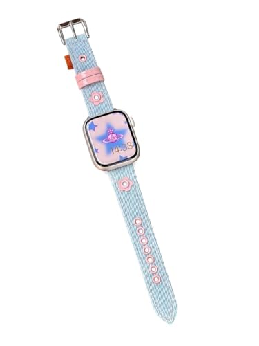 GBZHMCASE Denim-Ersatzarmband, kompatibel mit iWatch 42 mm, 41 mm, 40 mm, 38 mm, süßes Mädchen-Uhrenarmband für iWatch Serie 9, 8, 7, 6, 5, 4, 3, 2, 1, SE(Blue,38MM(1~3S)) von GBZHMCASE