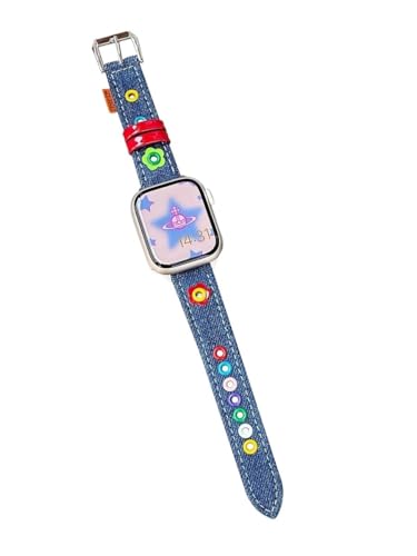 GBZHMCASE Denim-Ersatzarmband, kompatibel mit iWatch 42 mm, 41 mm, 40 mm, 38 mm, süßes Mädchen-Uhrenarmband für iWatch Serie 9, 8, 7, 6, 5, 4, 3, 2, 1, SE(Dark blue,46MM(10S)) von GBZHMCASE
