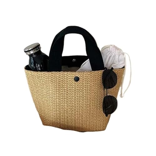 GBZIJIE Strandtasche,Badetasche Faltbare 1 Stück Casual Rattan Damen Handtaschen Sommer Strand Stroh Taschen Wicker Woven Weibliche Große Kapazität Dame Eimer Reisetasche(Black) von GBZIJIE