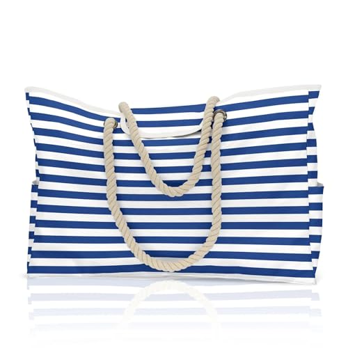 GBZIJIE Strandtasche,Badetasche Faltbare Extra große Strandtasche for Damen, wasserdicht, aus Segeltuch, Umhängetasche, Handtasche, Reisen, Fitnessstudio(Blue Stripe) von GBZIJIE