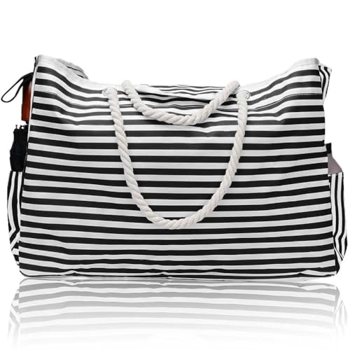 GBZIJIE Strandtasche,Badetasche Faltbare Sommer Damen Schultertasche Strandtasche Große Kapazität Handtasche Wasserdicht Fitness Schwimmbad Tasche Reise Urlaub(Back Stripe) von GBZIJIE