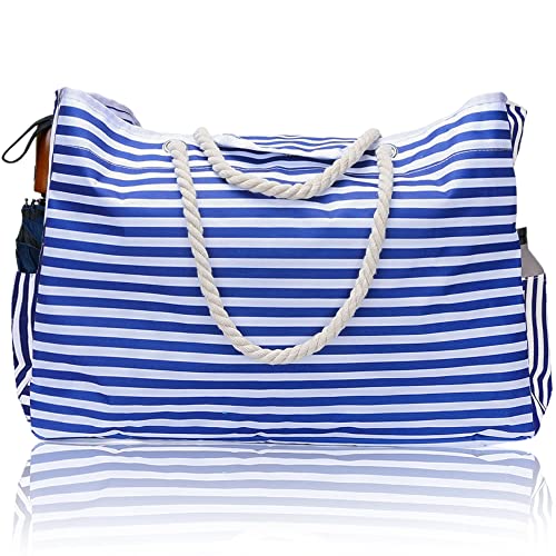 GBZIJIE Strandtasche,Badetasche Faltbare Sommer Damen Schultertasche Strandtasche Große Kapazität Handtasche Wasserdicht Fitness Schwimmbad Tasche Reise Urlaub(Blue Stripe) von GBZIJIE