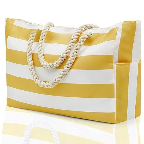 Strandtasche,Badetasche Faltbare Gestreifte Aufbewahrungstasche Damentasche Große Kapazität Strandtasche Canvas Tasche Strandhandtasche(Bright yellow) von GBZIJIE