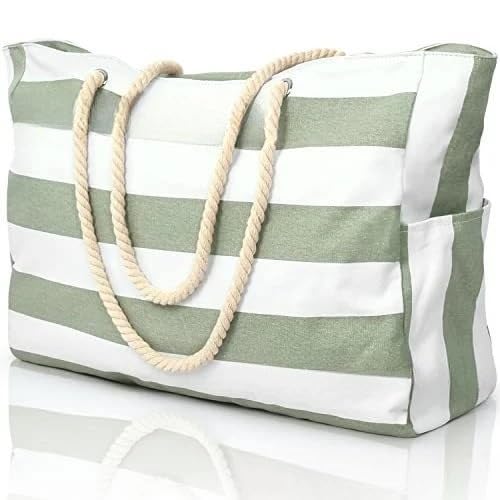Strandtasche,Badetasche Faltbare Gestreifte Aufbewahrungstasche Damentasche Große Kapazität Strandtasche Canvas Tasche Strandhandtasche(Matcha) von GBZIJIE