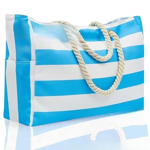 Strandtasche,Badetasche Faltbare Gestreifte Aufbewahrungstasche Damentasche Große Kapazität Strandtasche Canvas Tasche Strandhandtasche(Sky blue) von GBZIJIE