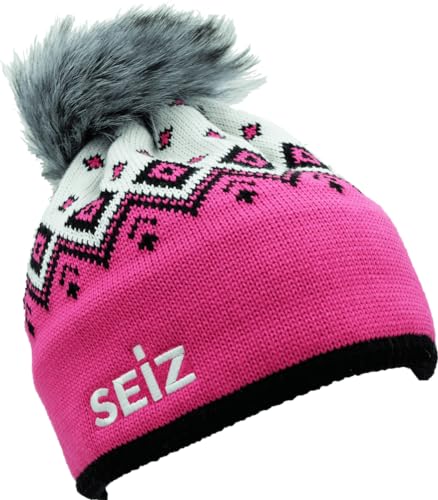 GCOM360 Mütze Seiz rosa-Weiss mit Flauschbommel von GCOM360