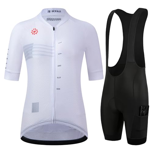 GCRFL Damen Radtrikot Sets Rennrad Trikot Reithemden Leicht Trägerhose mit Taschen Gepolstert, Weiß, Groß von GCRFL