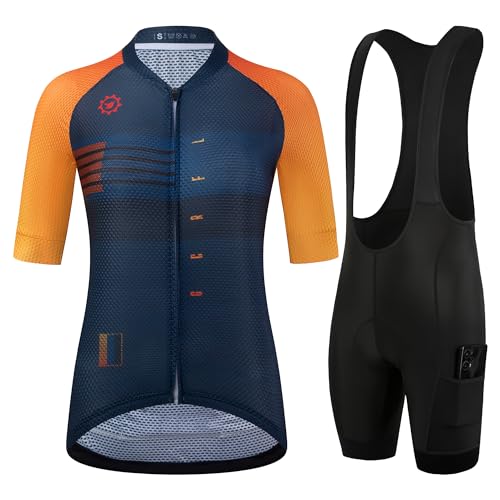 GCRFL Damen Radtrikot Sets Rennrad Trikot Reithemden Leicht Trägerhose mit Taschen Gepolstert, navy, Groß von GCRFL